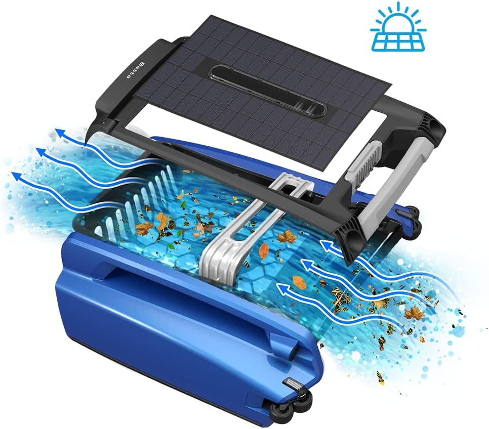 SE Solar Powered Automatic Robotic Pool Surface Skimmer Cleaner with 24/7 Continuous Cleaning Battery Power and Re-Engineered Twin Salt Chlorine Tolerant Motors (Blue)