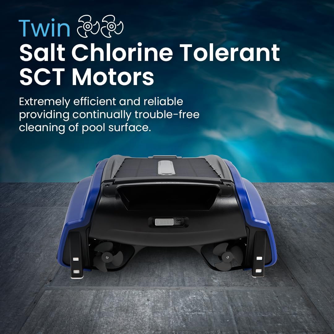 SE Solar Powered Automatic Robotic Pool Surface Skimmer Cleaner with 24/7 Continuous Cleaning Battery Power and Re-Engineered Twin Salt Chlorine Tolerant Motors (Blue)