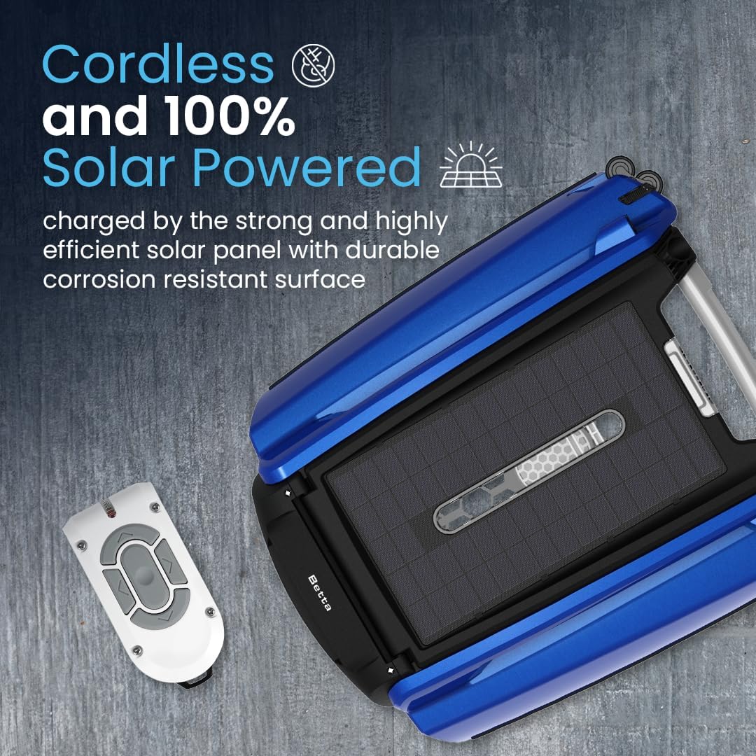 SE Solar Powered Automatic Robotic Pool Surface Skimmer Cleaner with 24/7 Continuous Cleaning Battery Power and Re-Engineered Twin Salt Chlorine Tolerant Motors (Blue)