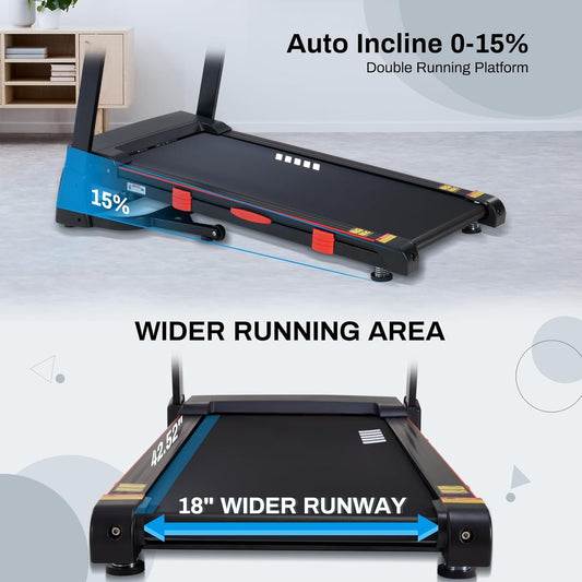 Treadmill with Auto Incline, 18" Incline Treadmill for Home, Compact, Foldable, 350Lb Capacity, Shock Absorption, 15% Incline Automatic, 0.5-10 MPH, 3 HP, Bluetooth App Running Treadmills